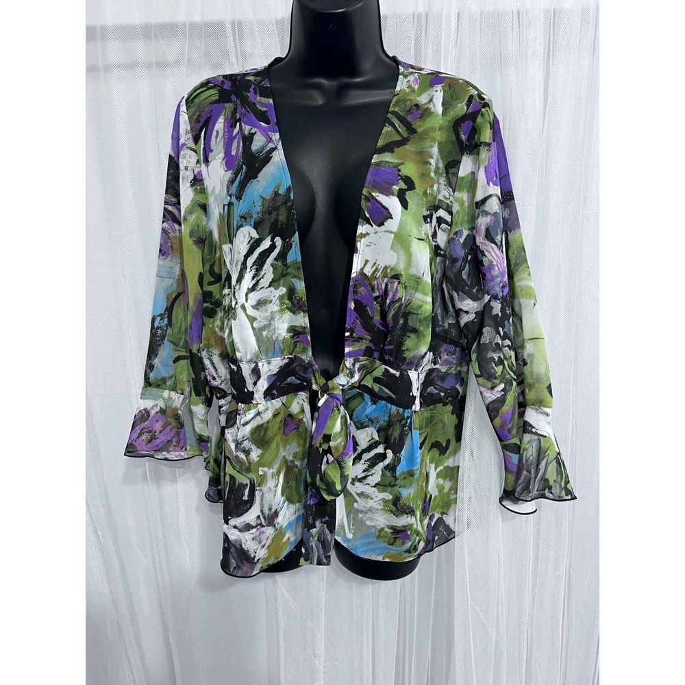 Womens Abstract Floral Tie Front Cardigan Bell Sleeve Sheer Chiffon Top Purple
